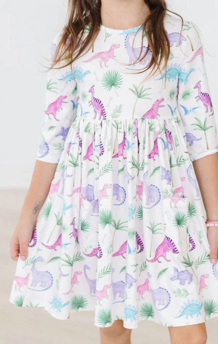 Dino Darling 3/4 Sleeve Pocket Twirl Dress