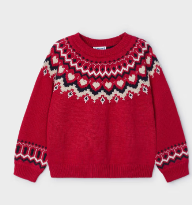 Girls Red Jacquard Sweater | 4358