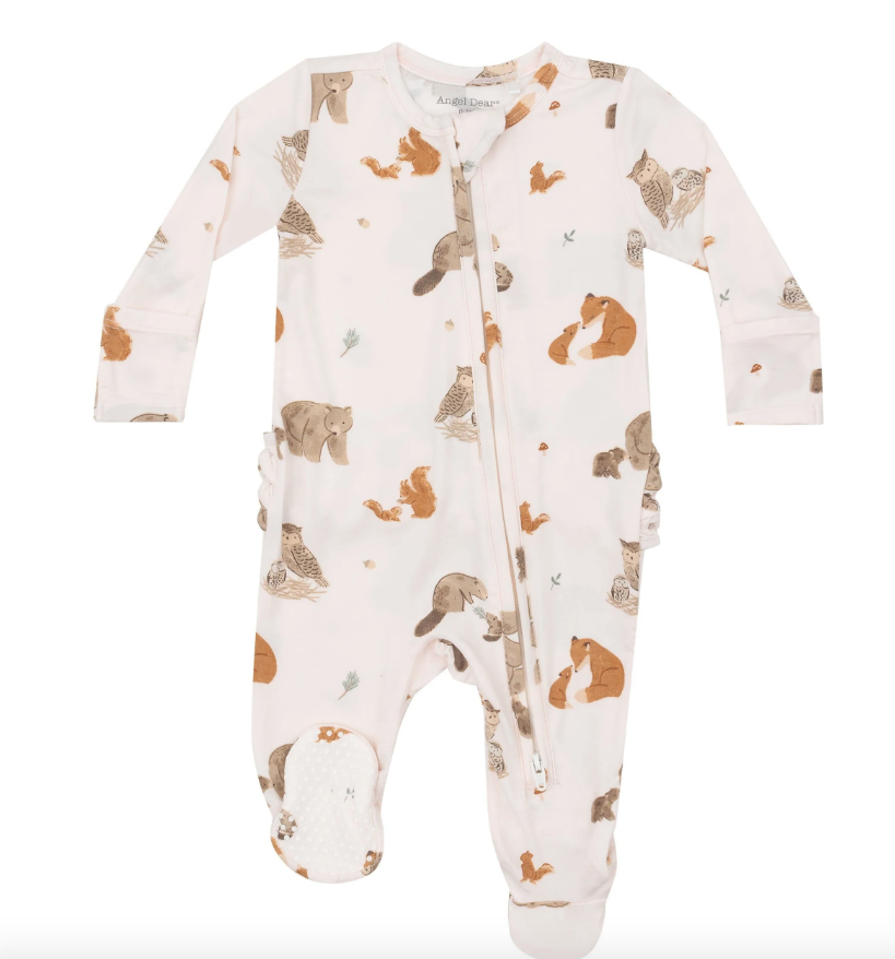 Two Way Ruffle Zipper Footie | Mixed Woodland Animals Pink