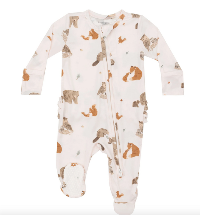 Two Way Ruffle Zipper Footie | Mixed Woodland Animals Pink