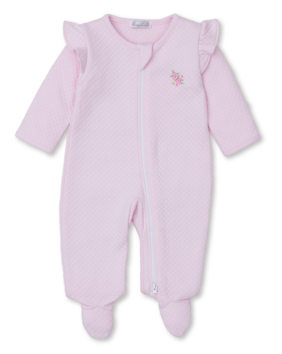 Jacquard Footie w/Zipper | Pink Rose Scrolls