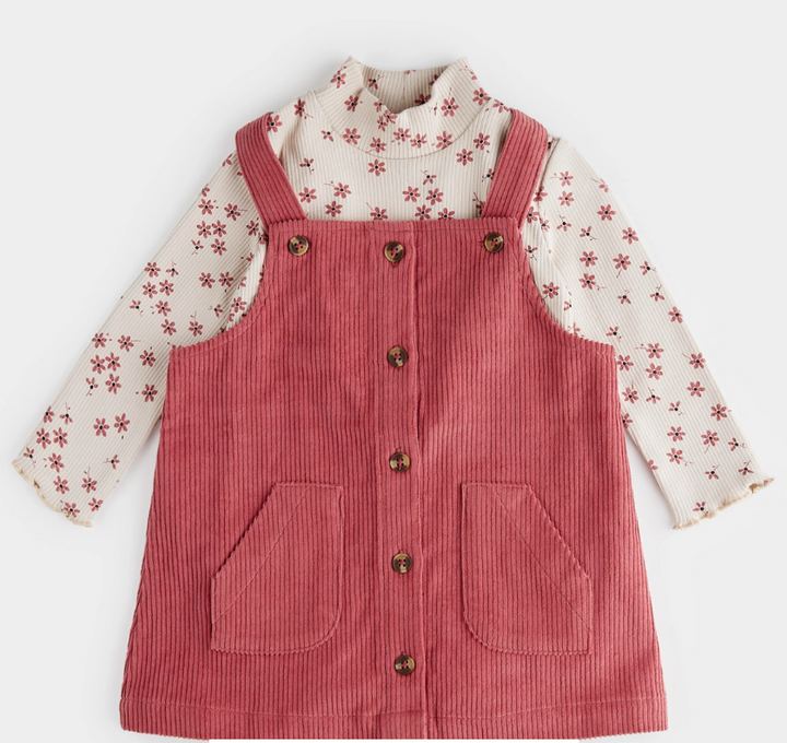 Raspberry Corduroy Overall Dress Set