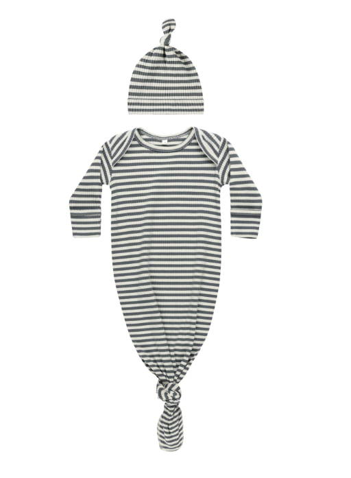 Knotted Baby Gown & Hat Set | Indigo Stripe