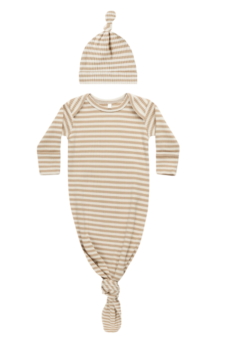 Knotted Baby Gown & Hat Set | Latte Stripe