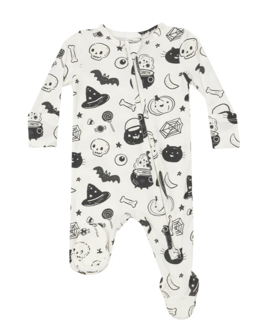 Two Way Zipper Footie | Black & White Halloween