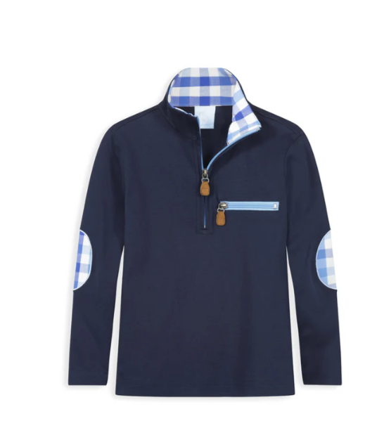 Elbow Patch Pima Half Zip Pullover | Navy w/Sapphire Check