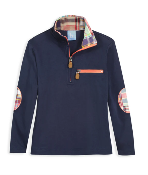 Elbow Patch Pima Half Zip Pullover | Navy w/Lawson Madras
