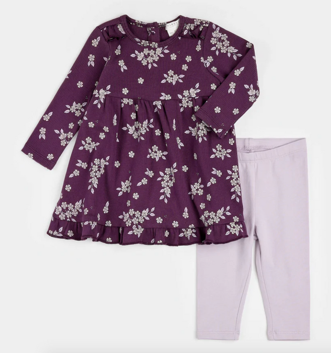 Fall Botanicals Print on Plum Dress Set