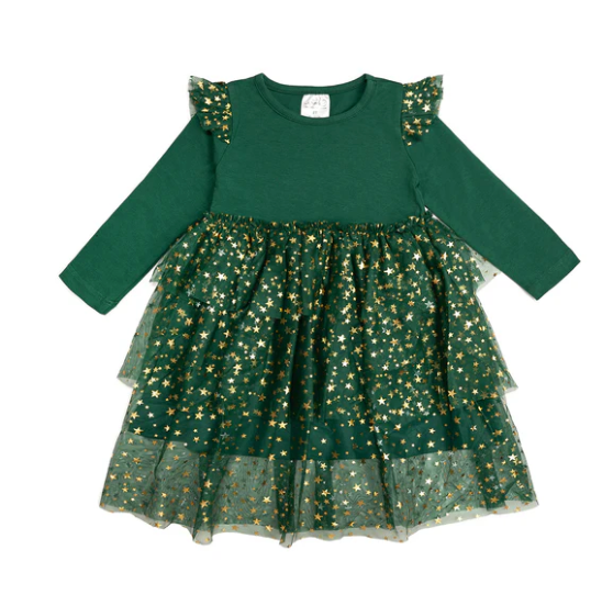 Emerald Shimmer Christmas Long Sleeve Tutu Dress