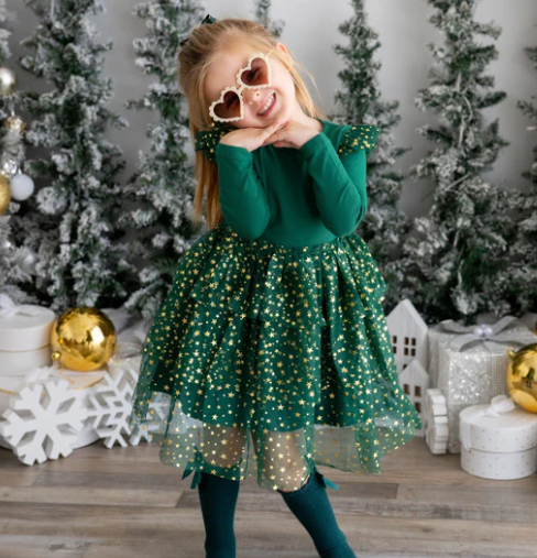 Emerald Shimmer Christmas Long Sleeve Tutu Dress