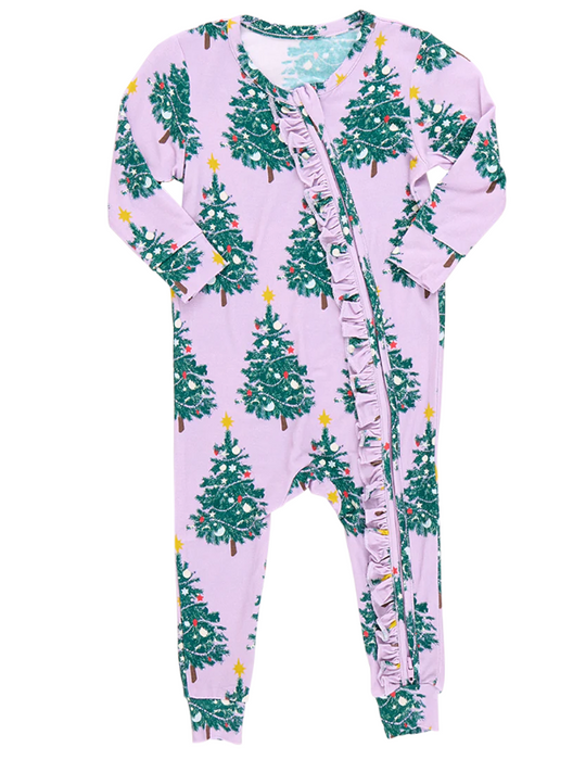 Bamboo Ruffle Romper | Purple Flocked Tree