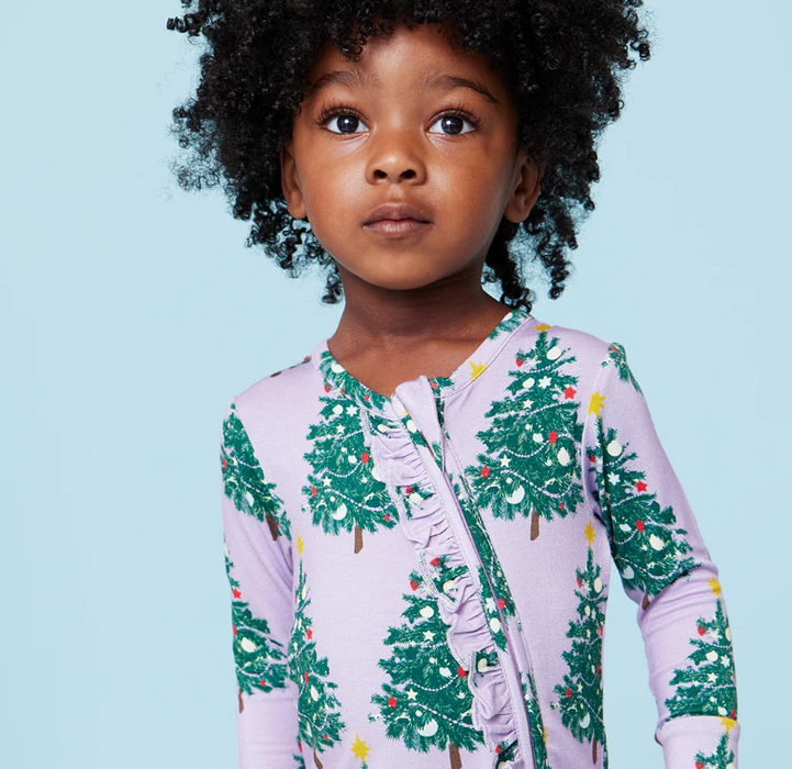 Bamboo Ruffle Romper | Purple Flocked Tree