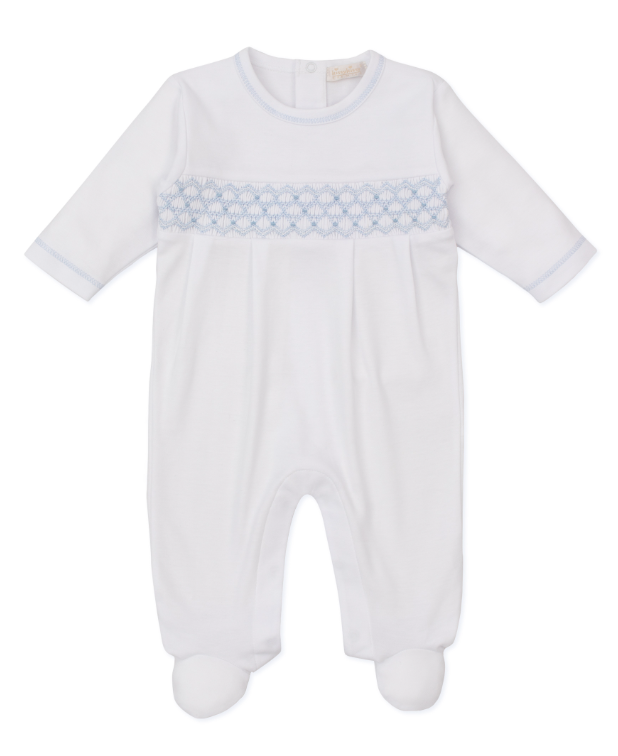 CLB Sum 25 Footie w/ Hand Smock| White w/Blue