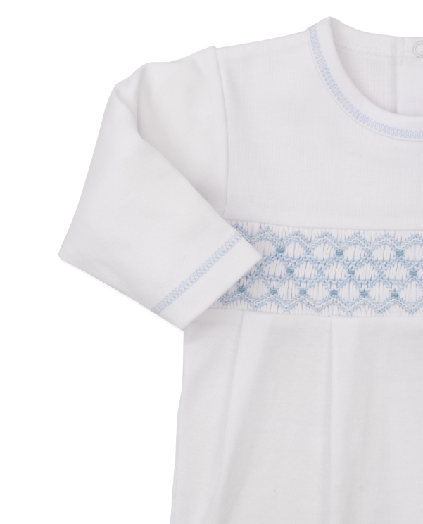 CLB Sum 25 Footie w/ Hand Smock| White w/Blue