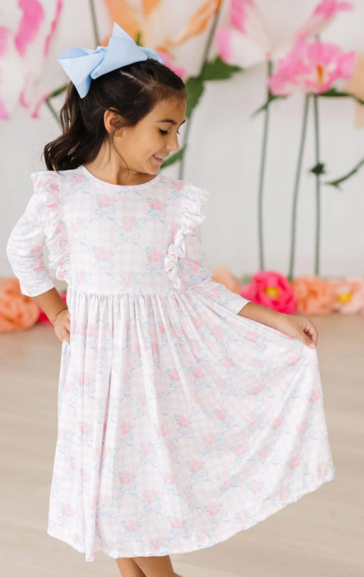Ribbons & Roses 3/4 Sleeve Ruffle Twirl Dress