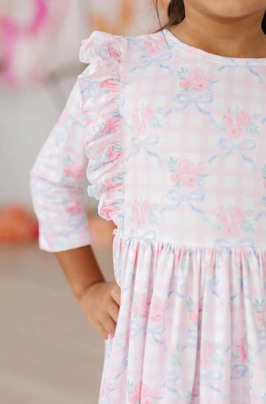 Ribbons & Roses 3/4 Sleeve Ruffle Twirl Dress