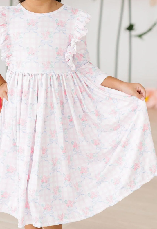 Ribbons & Roses 3/4 Sleeve Ruffle Twirl Dress