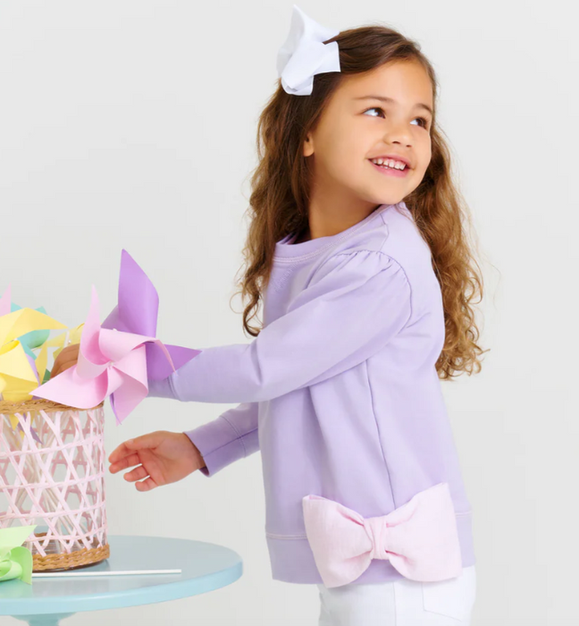 Cassidy Comfy Crewneck Puff Sleeve | Lauderdale Lavender w/Palm Beach Pink Bow