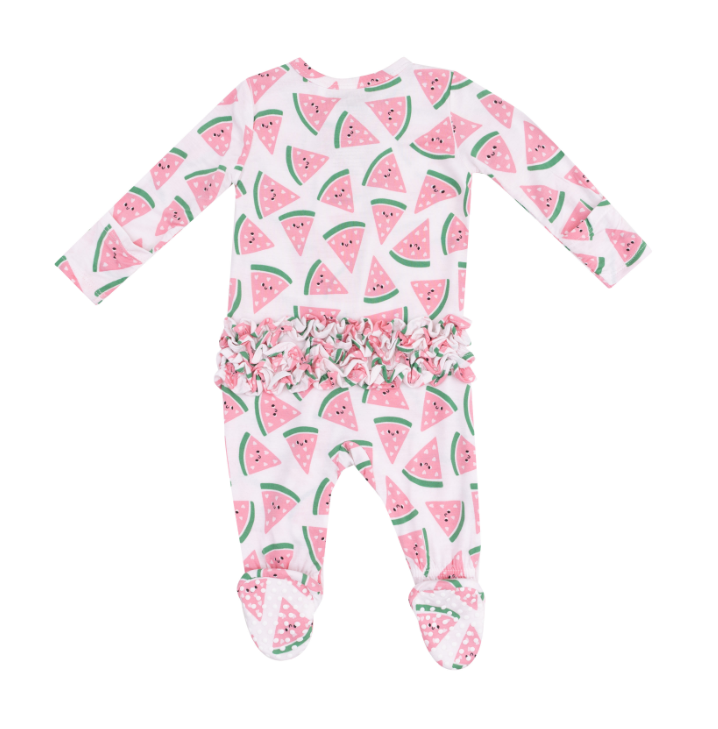 Two Way Ruffle Zipper Footie | Watermelon Hearts