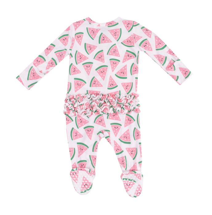 Two Way Ruffle Zipper Footie | Watermelon Hearts
