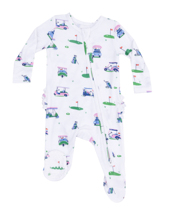 Two Way Ruffle Zipper Footie | Pink Vintage Golf Carts