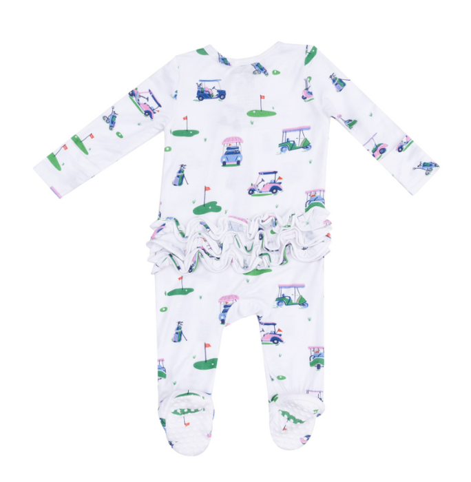 Two Way Ruffle Zipper Footie | Pink Vintage Golf Carts