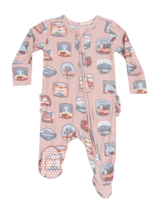 Two Way Ruffle Zipper Footie | Pink National Park Patches