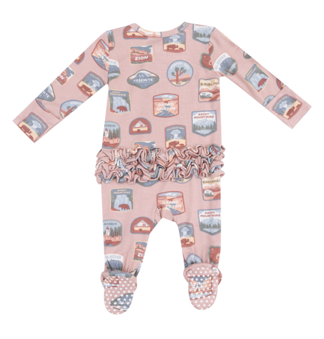 Two Way Ruffle Zipper Footie | Pink National Park Patches