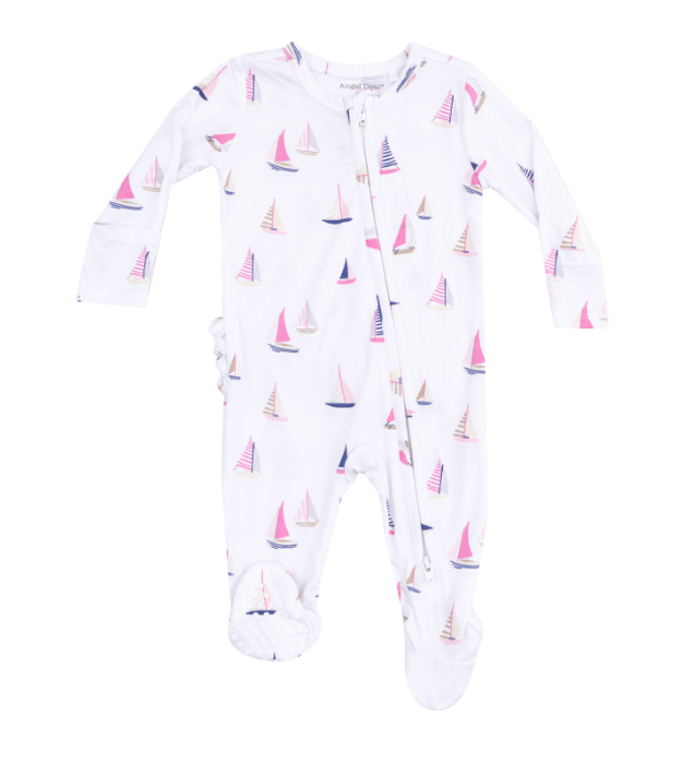Two Way Ruffle Zipper Footie | Pink Sailboats