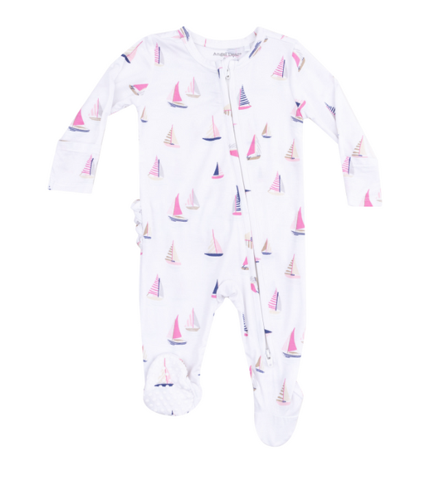 Two Way Ruffle Zipper Footie | Pink Sailboats