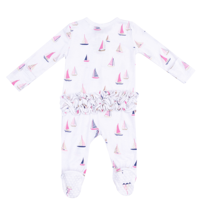 Two Way Ruffle Zipper Footie | Pink Sailboats