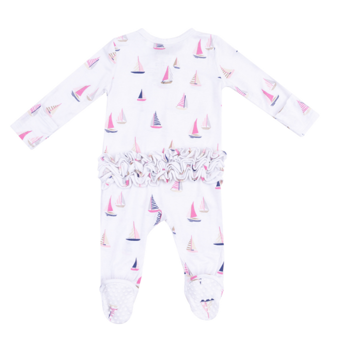 Two Way Ruffle Zipper Footie | Pink Sailboats