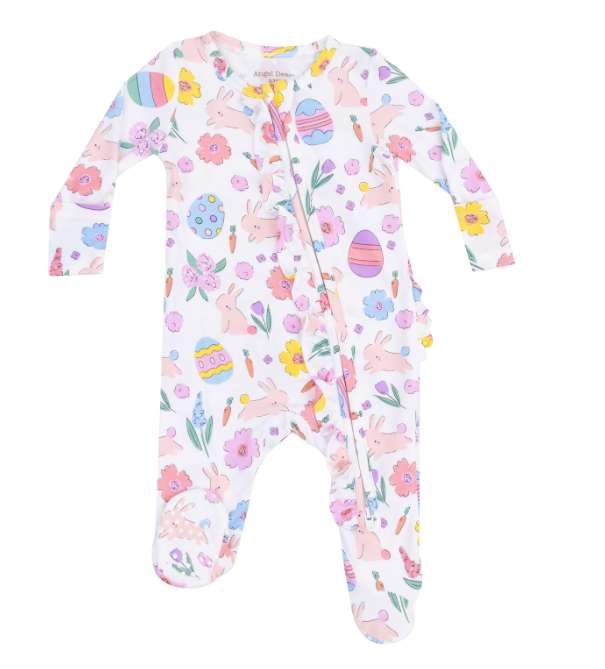 Two Way Ruffle Zipper Footie | Pink Easter Bunnies