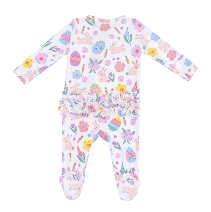 Two Way Ruffle Zipper Footie | Pink Easter Bunnies
