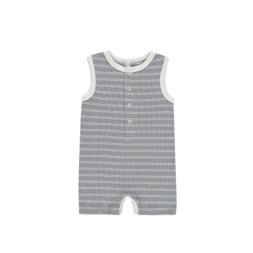 Ribbed Henley Romper | Blue Pinstripe