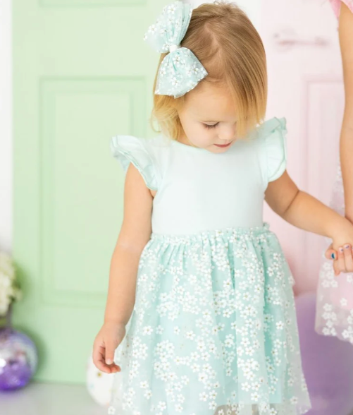 Aqua Ditsy Daisy Easter Tiered Tutu Dress