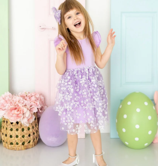 Lavender Ditsy Daisy Easter Tiered Tutu Dress