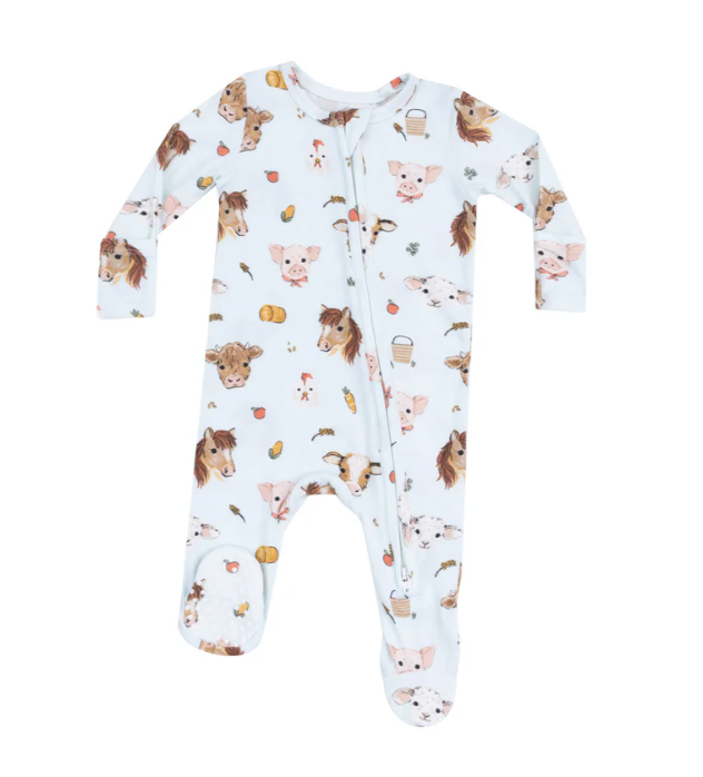 Two Way Zipper Footie | Blue Vintage Animal Faces