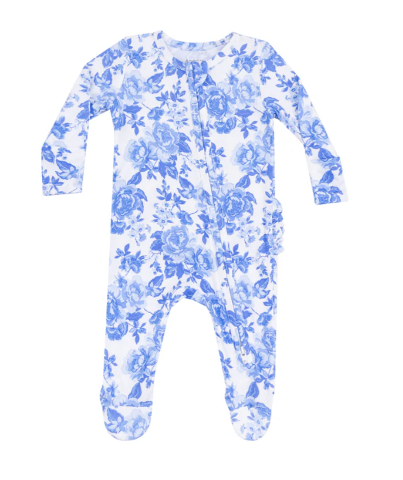 Two Way Ruffle Zipper Footie | Roses in Blue