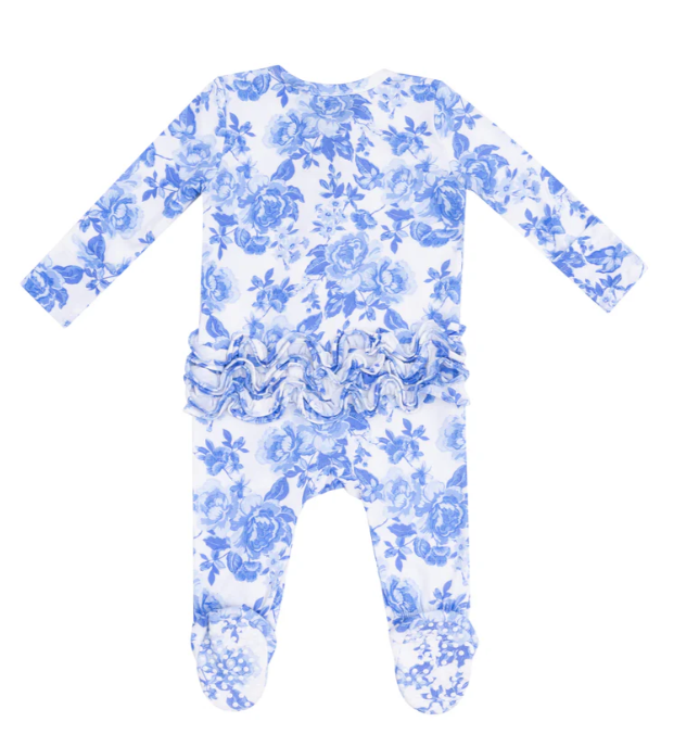 Two Way Ruffle Zipper Footie | Roses in Blue