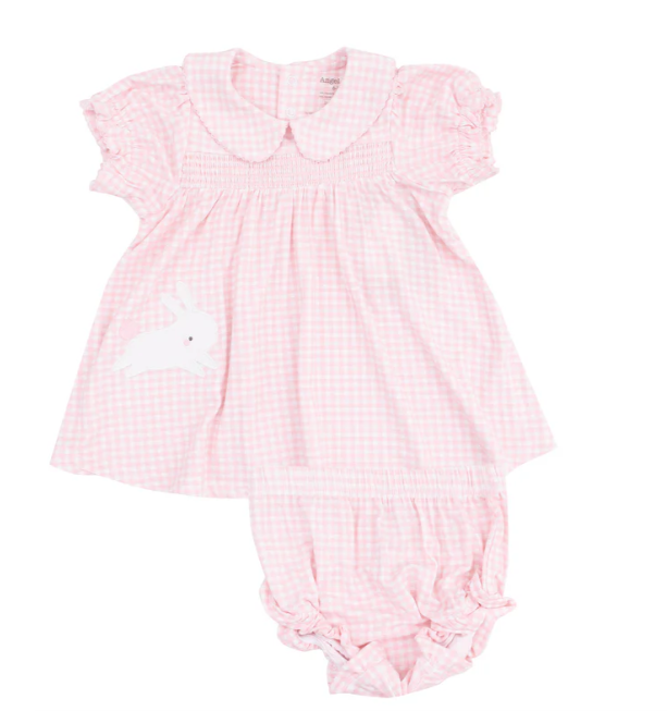 Classic Smocked Peter Pan Collar Dress w/Bunny Applique | Pink Gingham