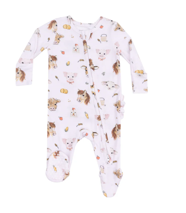 Two Way Ruffle Zipper Footie | Pink Vintage Animal Faces