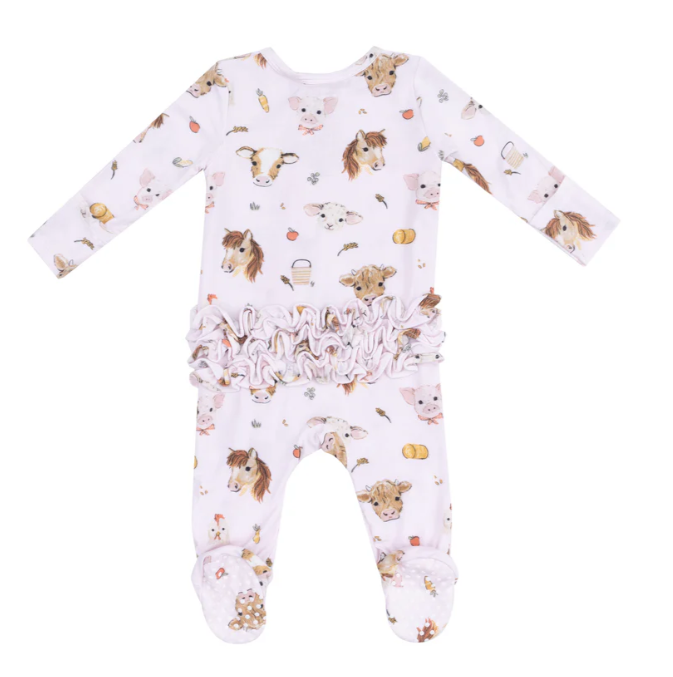 Two Way Ruffle Zipper Footie | Pink Vintage Animal Faces