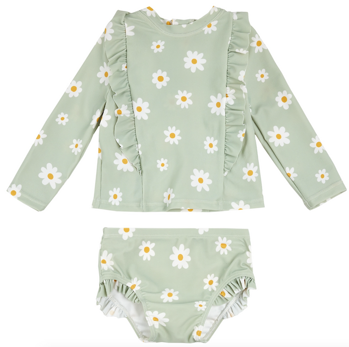 2 Pc Daisy Long Sleeve Ruffle Swimsuit