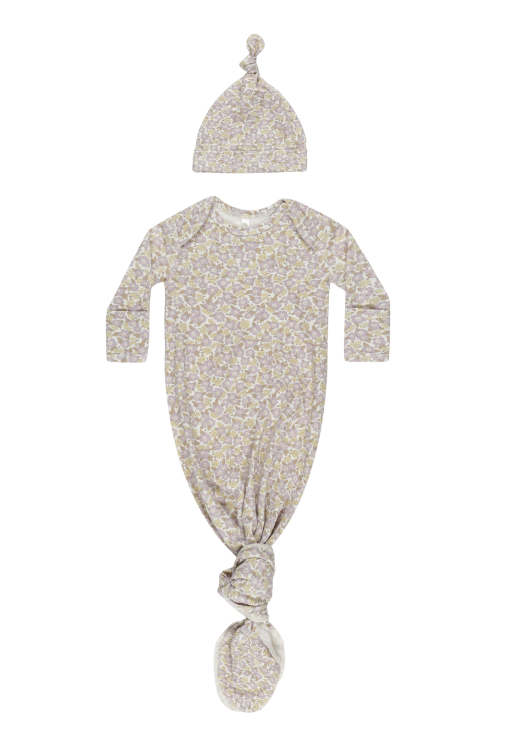 Knotted Baby Gown & Hat Set | Purple Floral