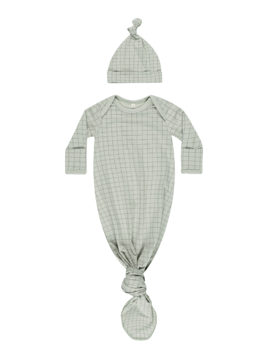 Knotted Baby Gown & Hat Set | Sage Grid
