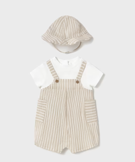 Baby Boy Tan Stripe Romper Set W/Hat | 1602