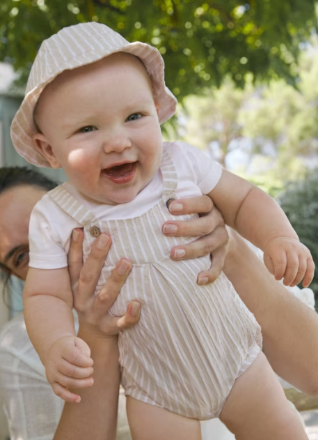 Baby Boy Tan Stripe Romper Set W/Hat | 1602