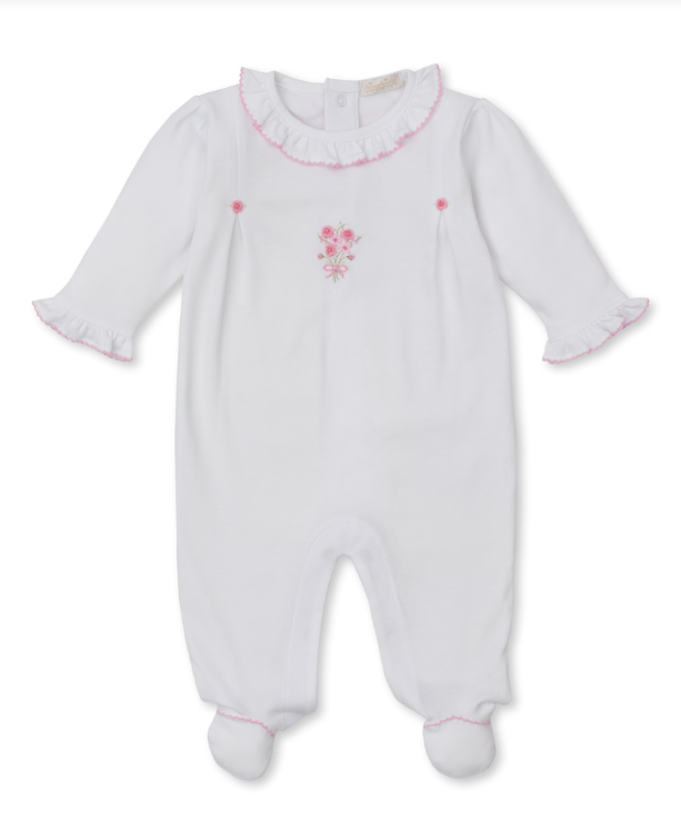 White Premier Old English Roses Footie w/Hand Embroidery