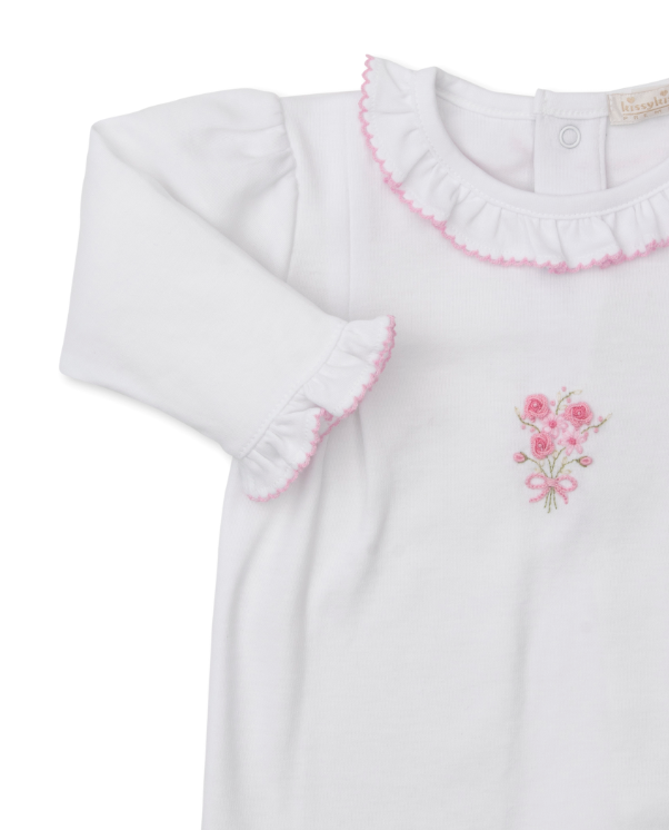 White Premier Old English Roses Footie w/Hand Embroidery